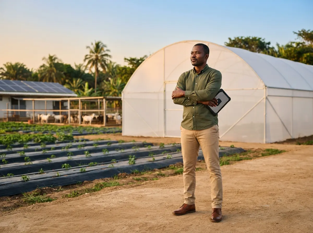 A farm manager standing in front of a tunnel greenhouse, a tablet under their arm