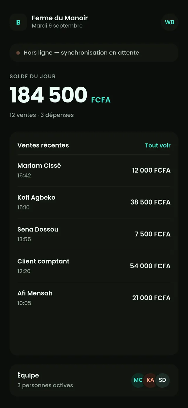 Boulo home screen: today's balance of 184,500 CFA francs, recent sales and an offline sync banner