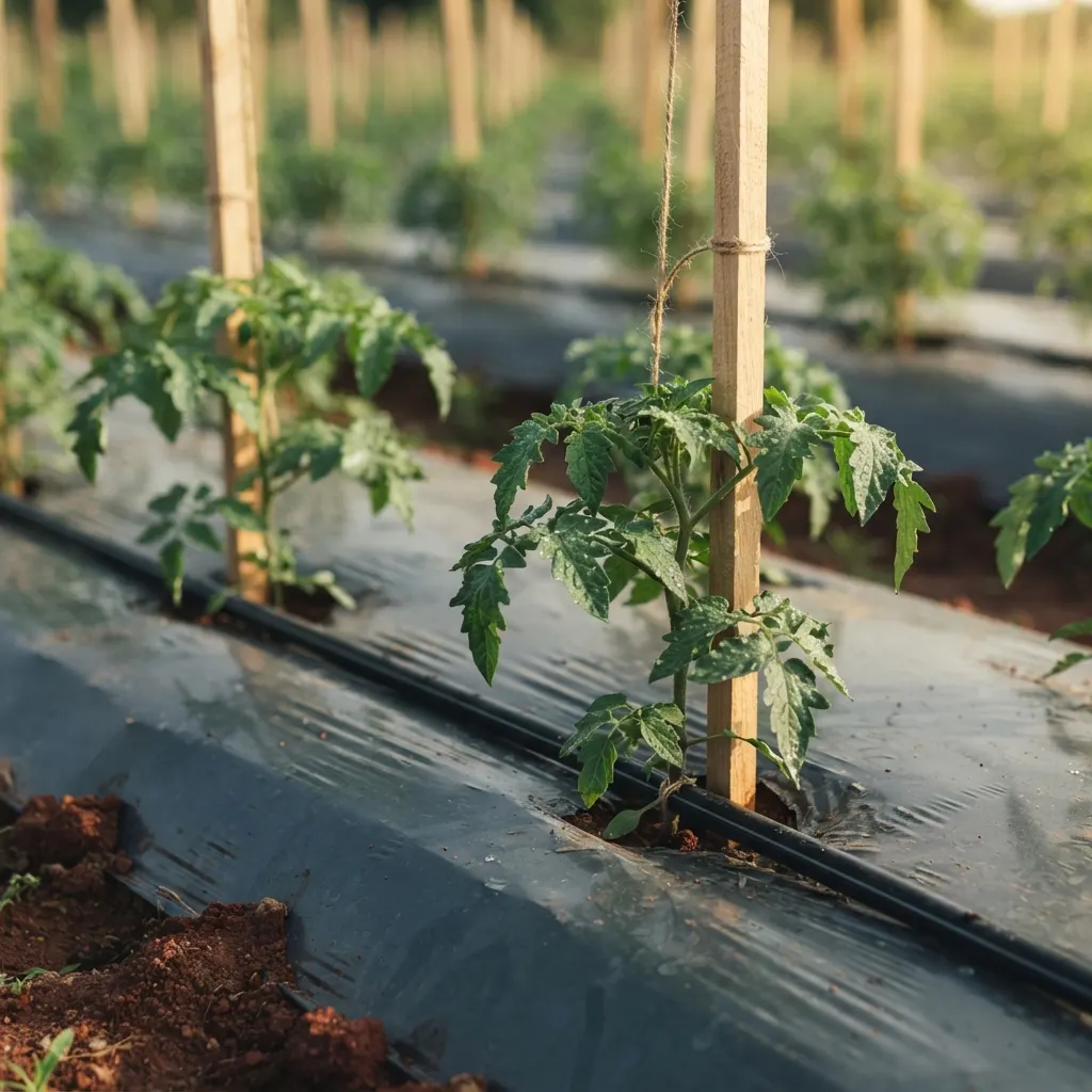 Young plants staked on bamboo over black mulch, along a drip irrigation line