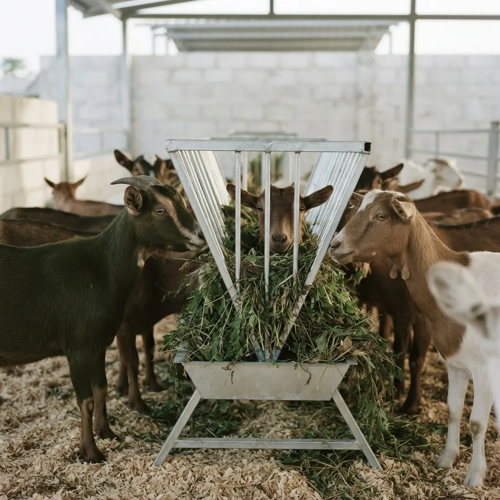 Goats feeding on green fodder at the rack, inside the covered goat house