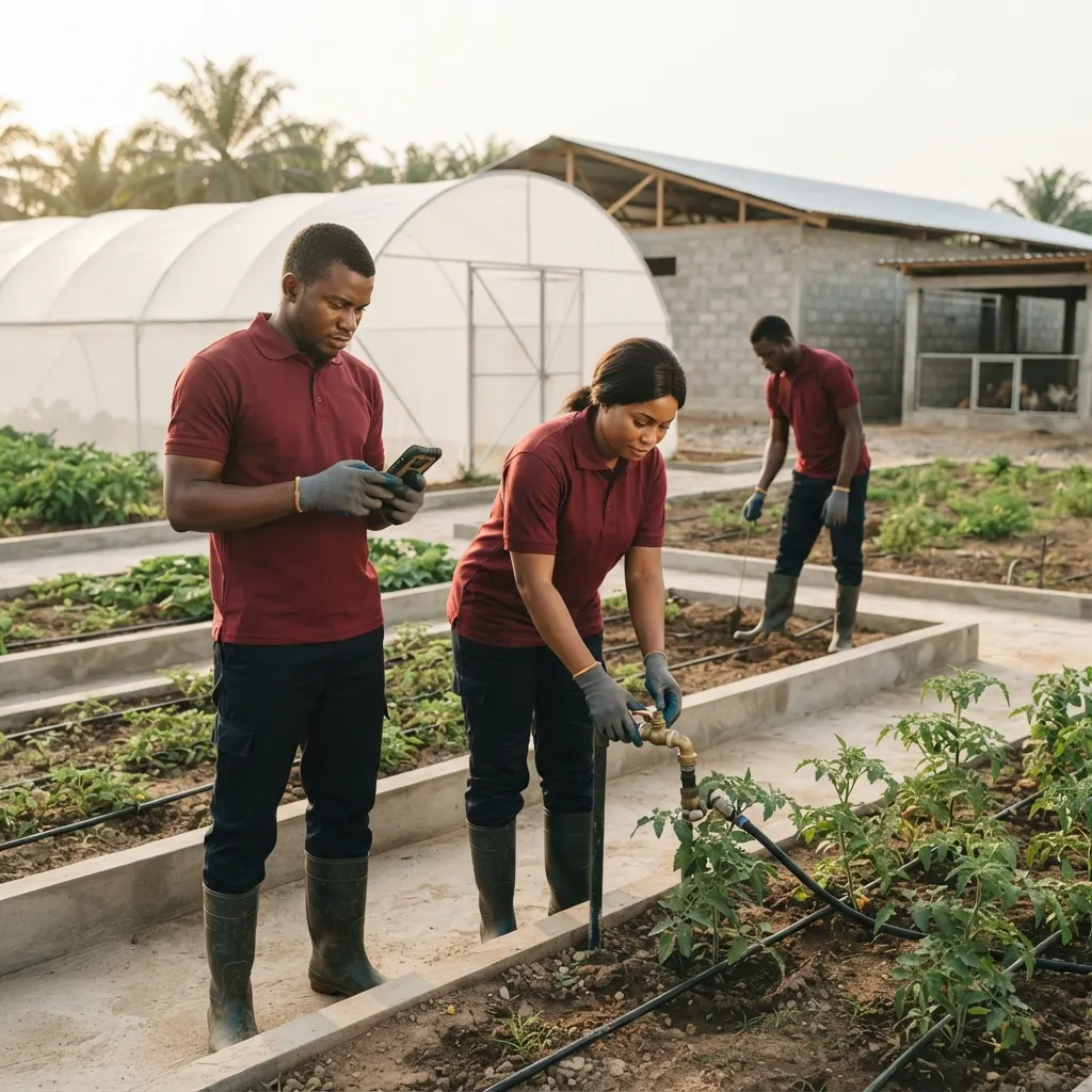 Three team members in work clothes maintaining the drip lines on the market garden beds