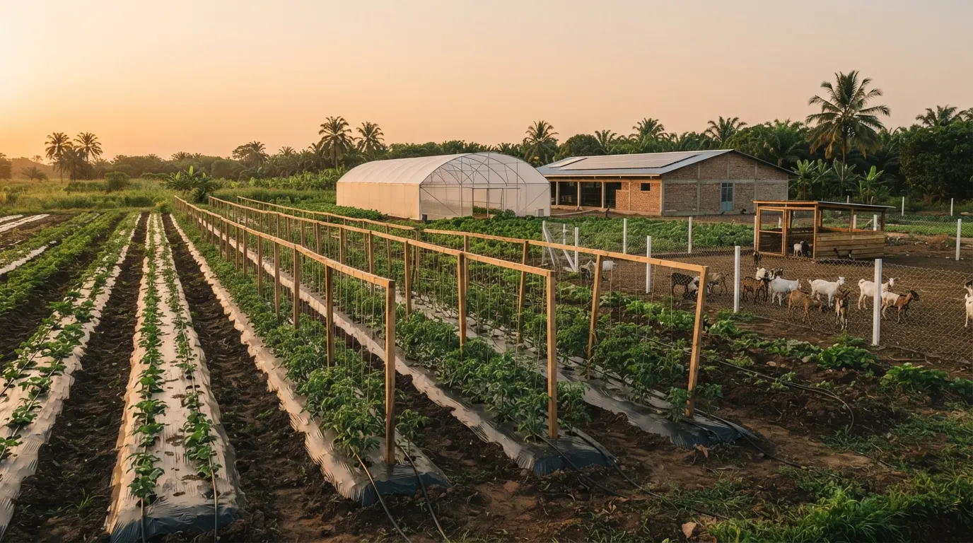 Rows of staked crops under mulch, a tunnel greenhouse and a goat pen in front of the farm building at sunset