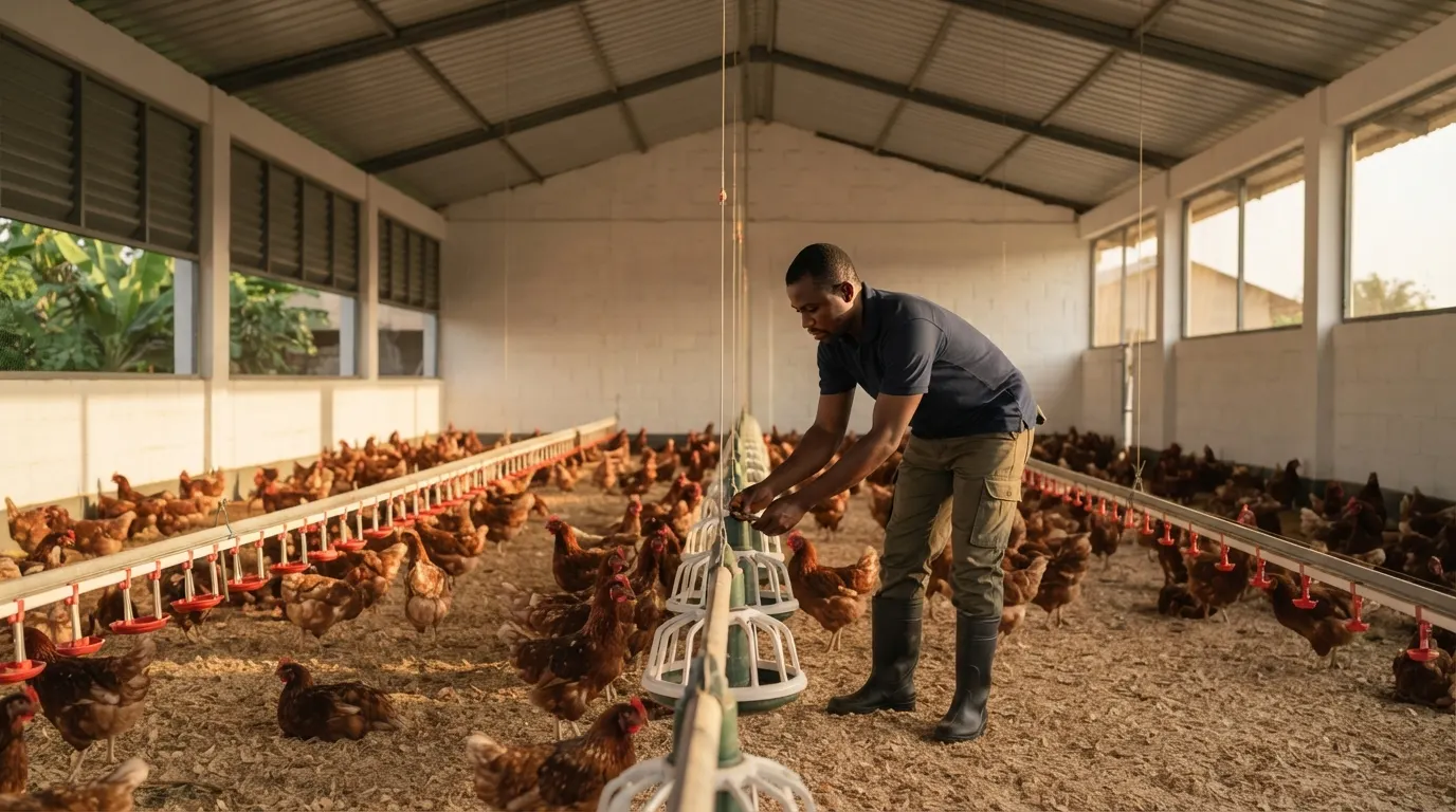 A worker adjusts a hanging feeder in the poultry house, among floor-reared hens