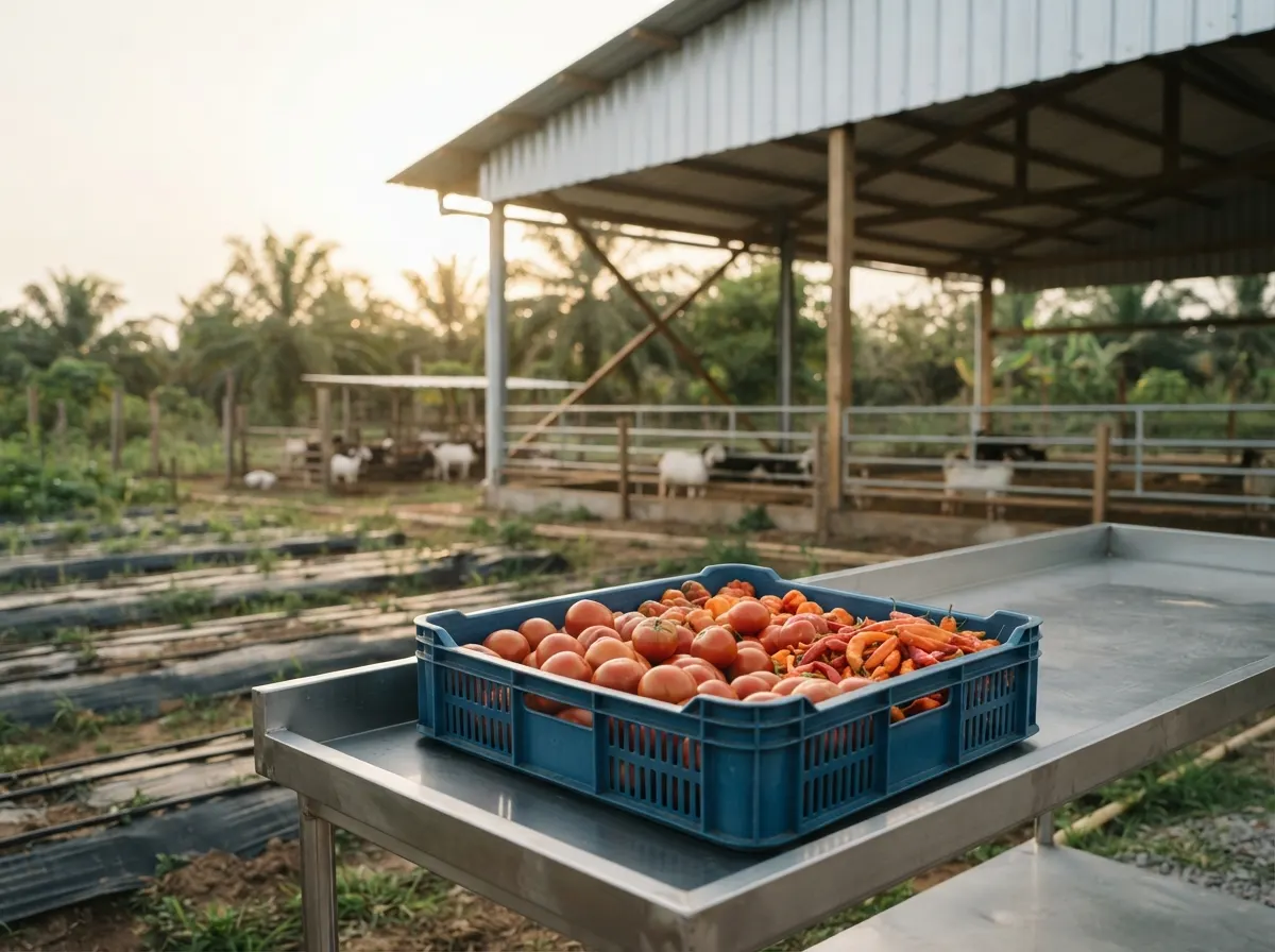A crate of freshly picked tomatoes on the sorting table, in front of the shed and the goat pen