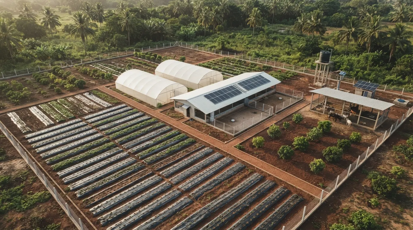 Aerial view of the farm: market garden beds, two tunnel greenhouses, a shed roofed with solar panels and the water tower